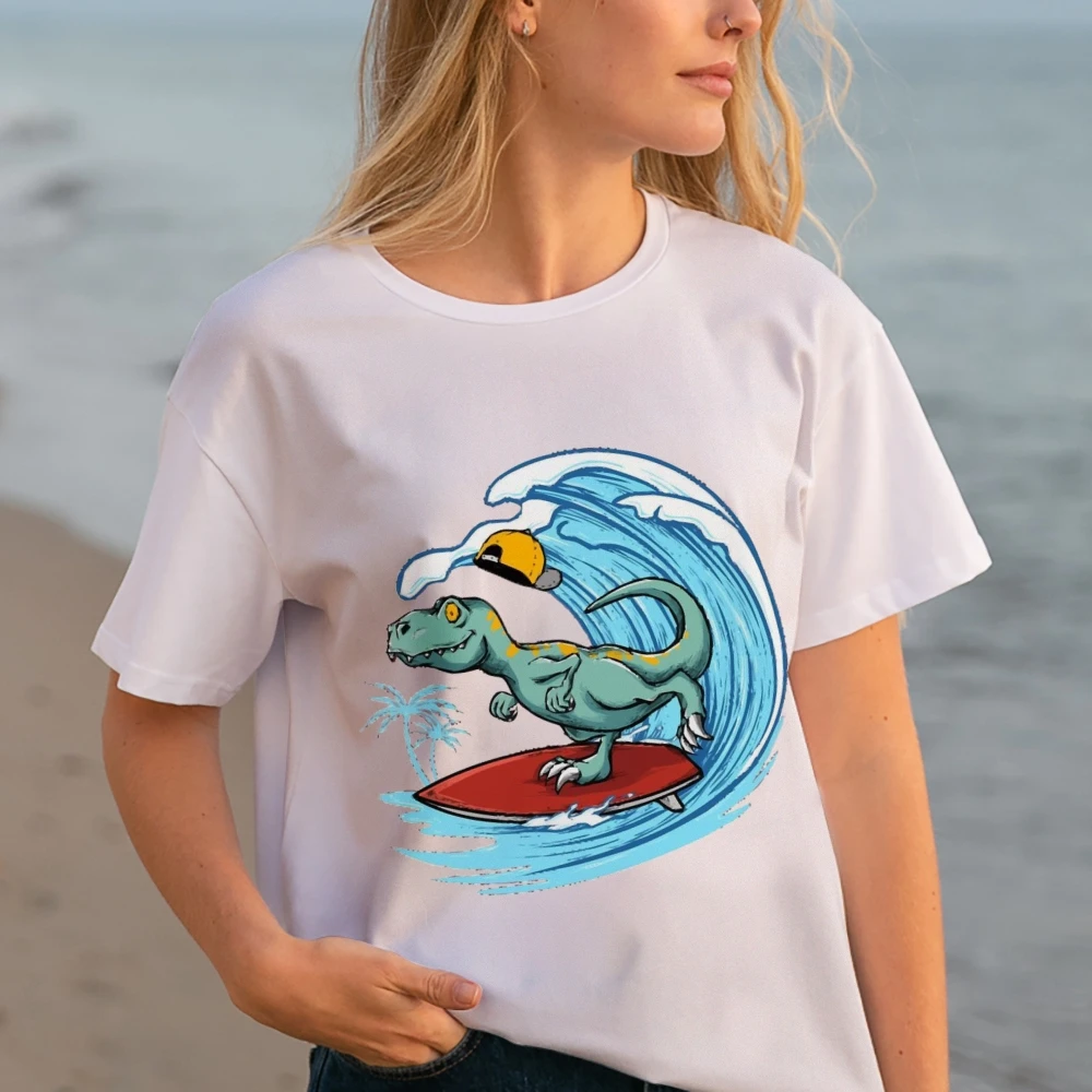 Surfer Dinosaur t-Shirt Womens Funny Shirt Design Novelty Gift Top