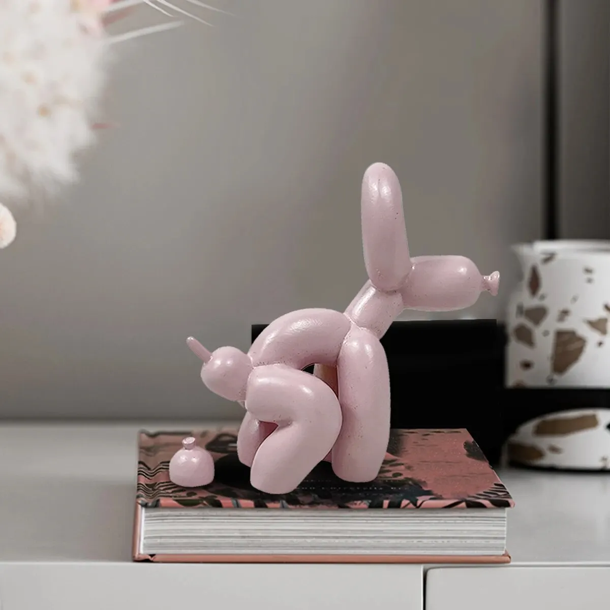 Modern Art Squat Balloon Dog Animal Decorative Statue, Suitable for Interior Living Room Farmhouse Bedroom Office Cabinet Wood