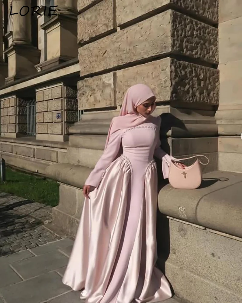 LORIE Muslimisches Krepp-Abendkleid, A-Linie, ausgestellte Ärmel, Bobycon-Abschlussballkleid, langärmliges Partykleid, maßgeschneidertes Geburtstagskleid