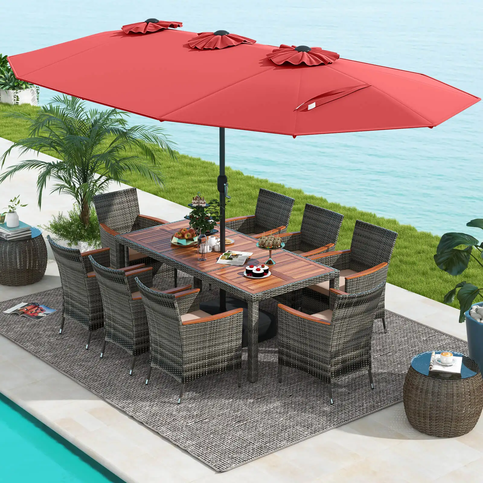 10 Pieces Patio Wicker Dining Set with Double-Sided Patio Umbrella 8 Armchairs Red