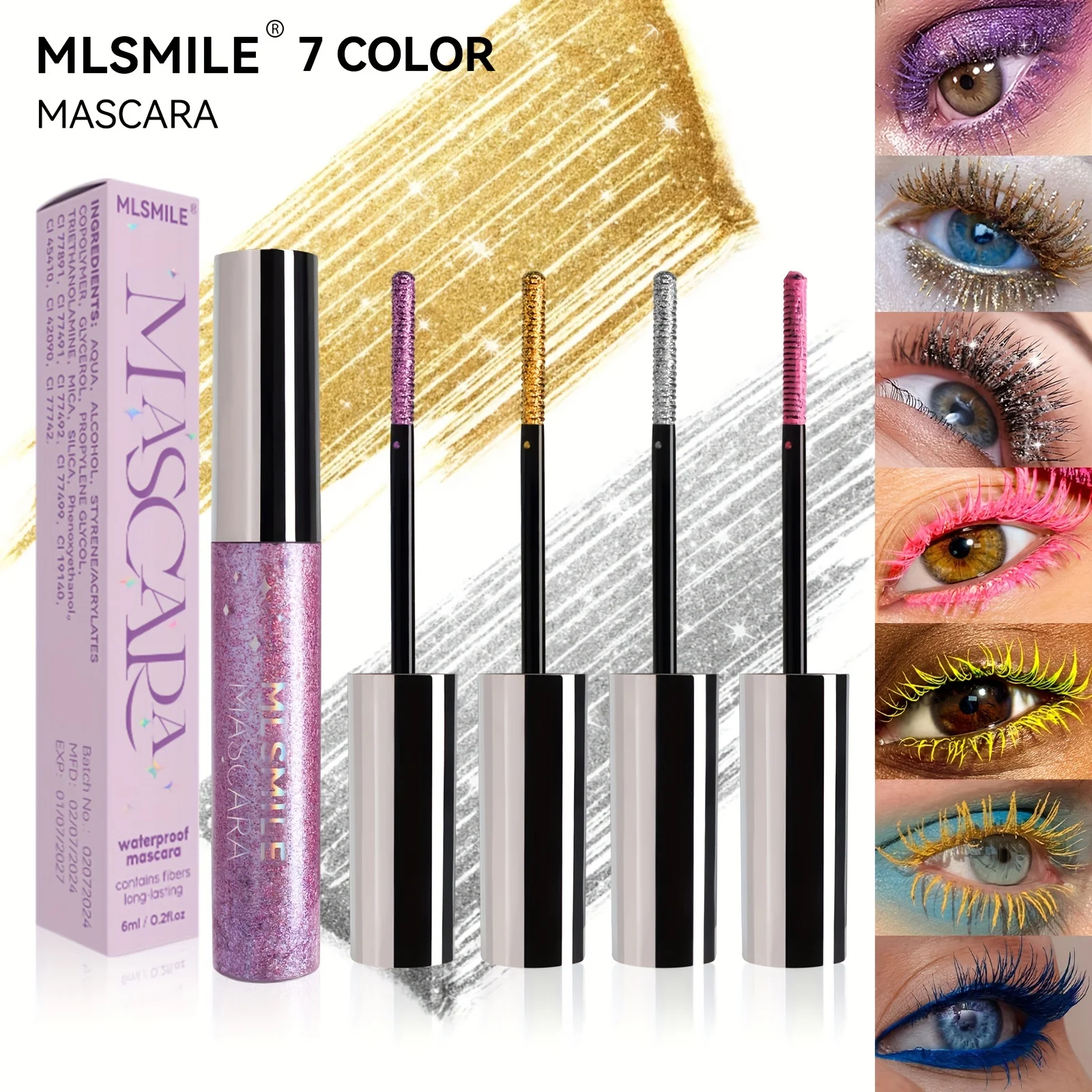 Colorful Glitter Mascara, Waterproof Long Lasting Thickening Lengthening Anti-Smudge Mascara, Tint Rich Color Sparkly Mascara