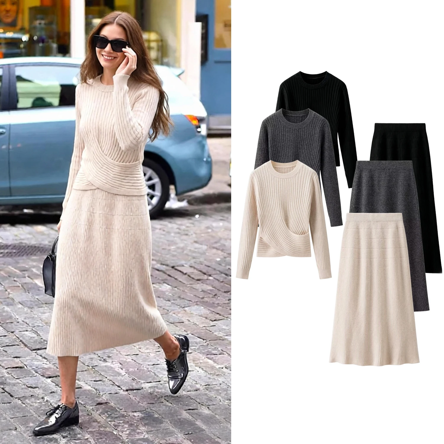 women Elegant Knitted Skirt Sets Spring Autumn female chic Slim Long Sleeve Sweater+Elastic Waist Casual Commut Half Skirt Set