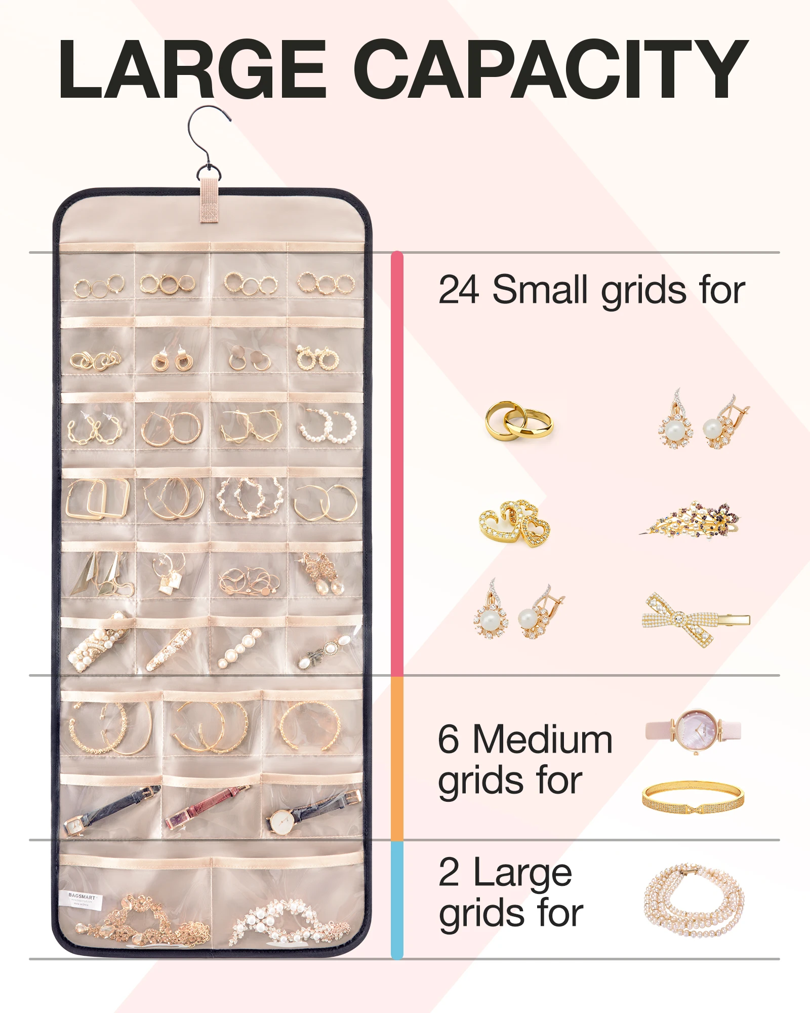 BAGSMART Hanging Jewelry Organizer Storage Roll with Hanger Metal Hooks Double-Sided Jewelry Holder for Earrings Necklaces Rings