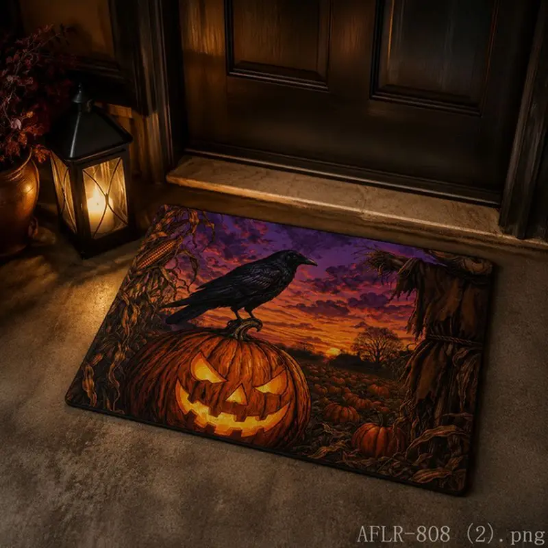 VIKAMA Halloween Crow Pumpkin Moon Cemetery Door Mat Non-Slip Floor Rug Entryway Home Decor