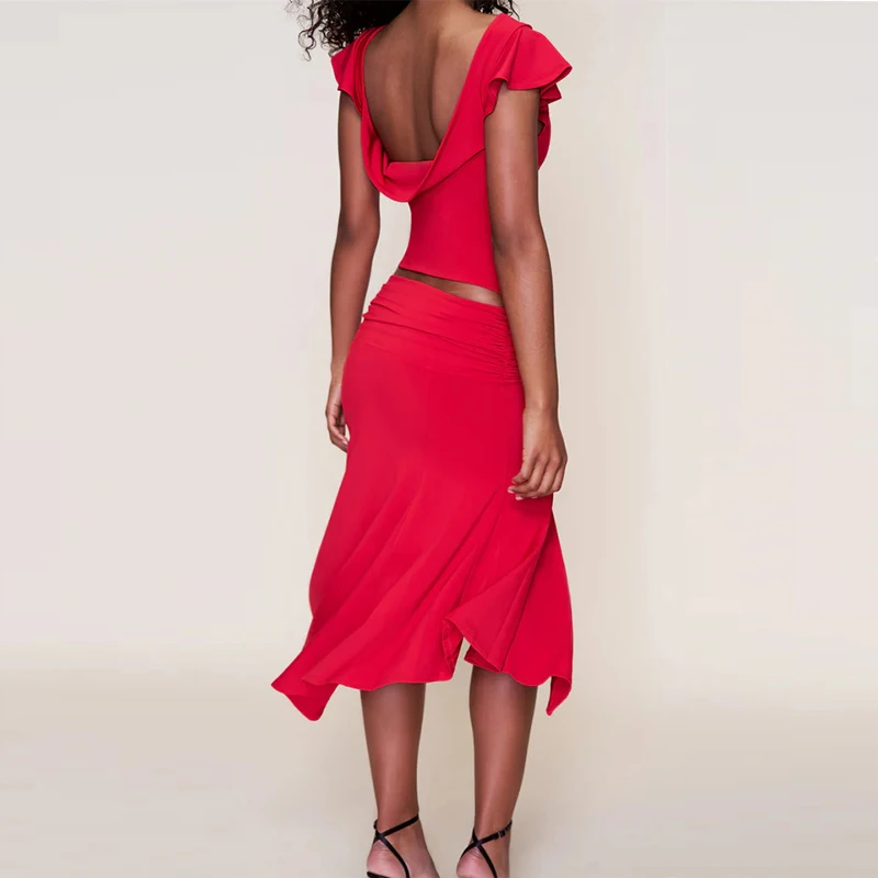 European and American ins temperament shoulder women's ruffled top irregular cut hip hugging skirt set skirt