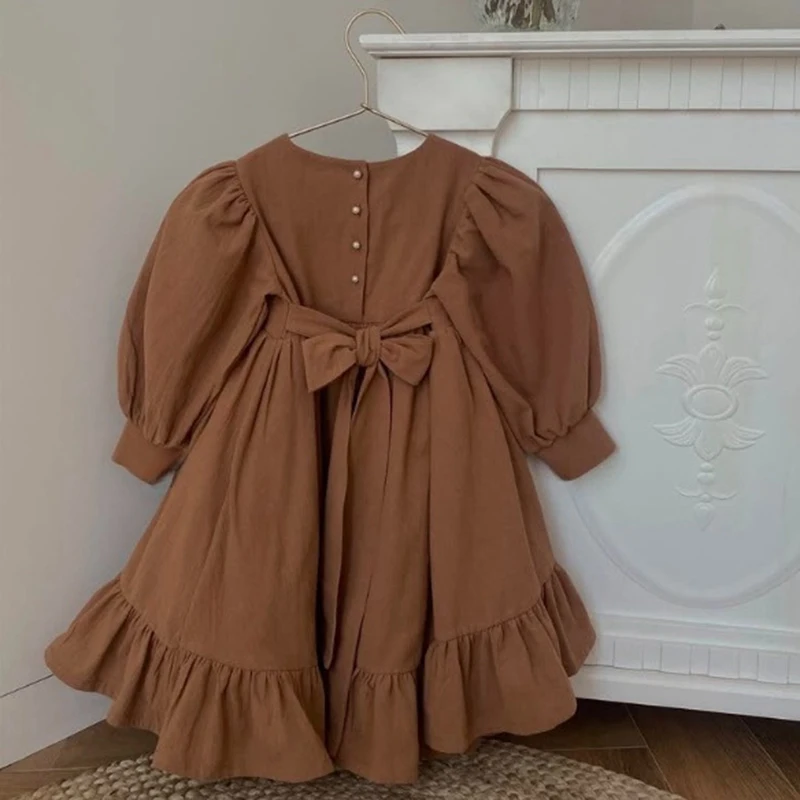 2025 New Autumn 2-6Yrs Children Clothes Baby Girl Party Dress Long Sleeved Cotton Solid Color Kids Princess Dresses