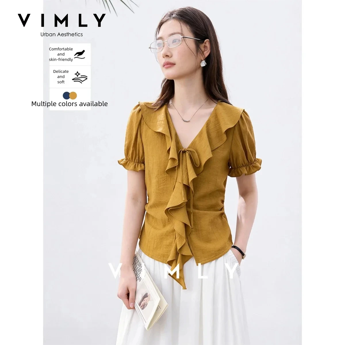VIMLY Women's Blouse Elegant 2026 Summer French Ruffle Trim V-neck Tie Front Puff Sleeve Shirts Fashion Short Sleeve Tops 30850