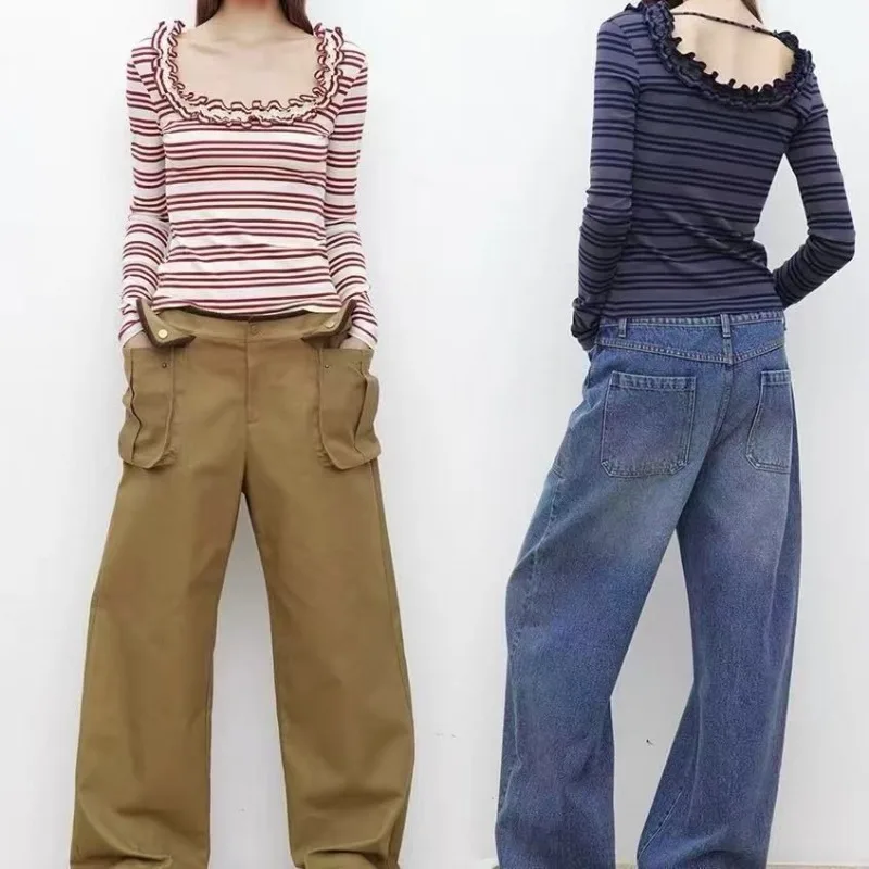 

Design Niche Lace U-neck Striped T-shirt Long-sleeved Sweater Top Slim Bottoming Shirt