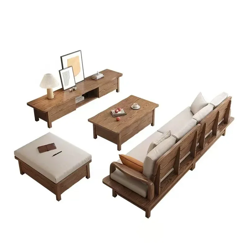 Ash Wood Sofa Bed with Storage Drawers Modern Log Style Solid Wood Couch for Small Apartment Living Room Space Saving