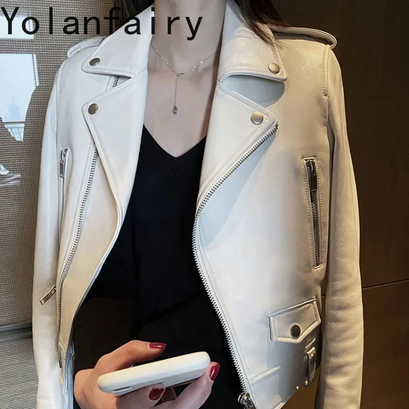 

Real Sheepskin Leather Jacket Women Spring Autumn Fashion High Street Motorcycle Short Black Women's Jackets for Women Zm313