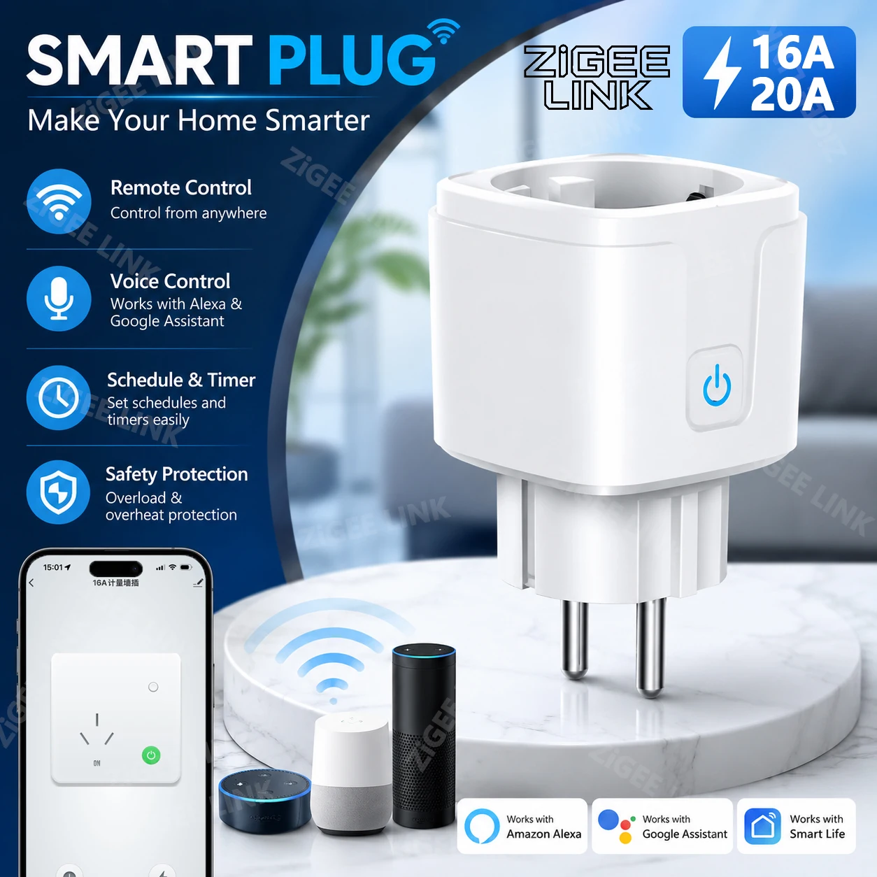 EU 16A/20A WiFi Zigbee3.0 Dual Mode Smart Plug Power Monitor Timing Socket Wireless APP Remote Voice Linkage Works Alexa Google
