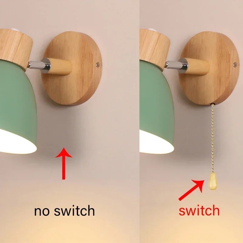 Modern Wooden Wall Lamp with Switch Sconce Bedroom Living Room Home Lighting Macaroon Steering Head Colors E27 Nordic Wall Light image 3