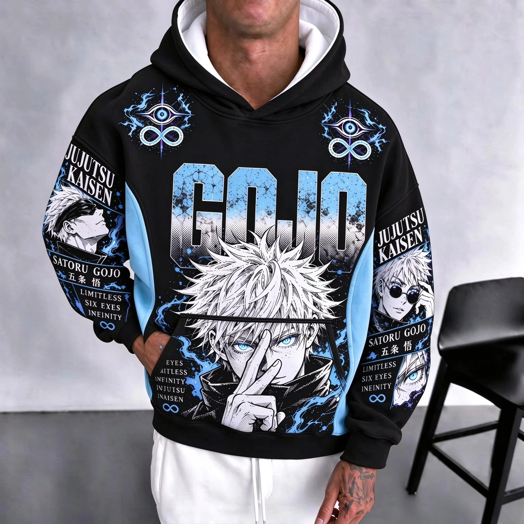 Autumn and Winter Men's Women's Popular Anime Jujutsu Kaisen Patchwork Hooded Sweatshirt Sport Casual Pullovers
