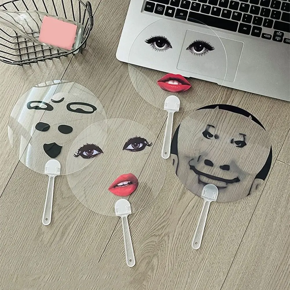 

10Pcs Plastic Abstract Transparent Handheld Fan Round Waterproof Red Lips Printed Fans with Handle Funny Expression Fan Summer