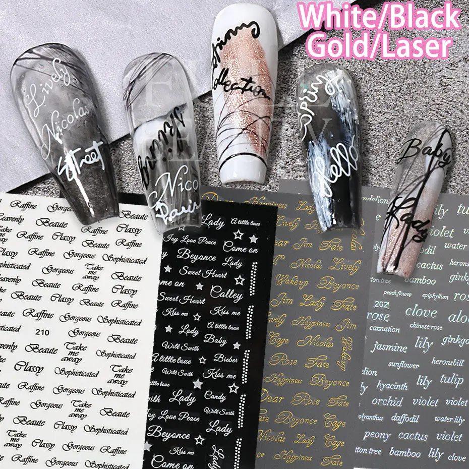 1pcs Text Word Russian English Nails Stickers Black White Gold Laser Love Phrase Letters 3D Manicure Adornment Sliders #200-210