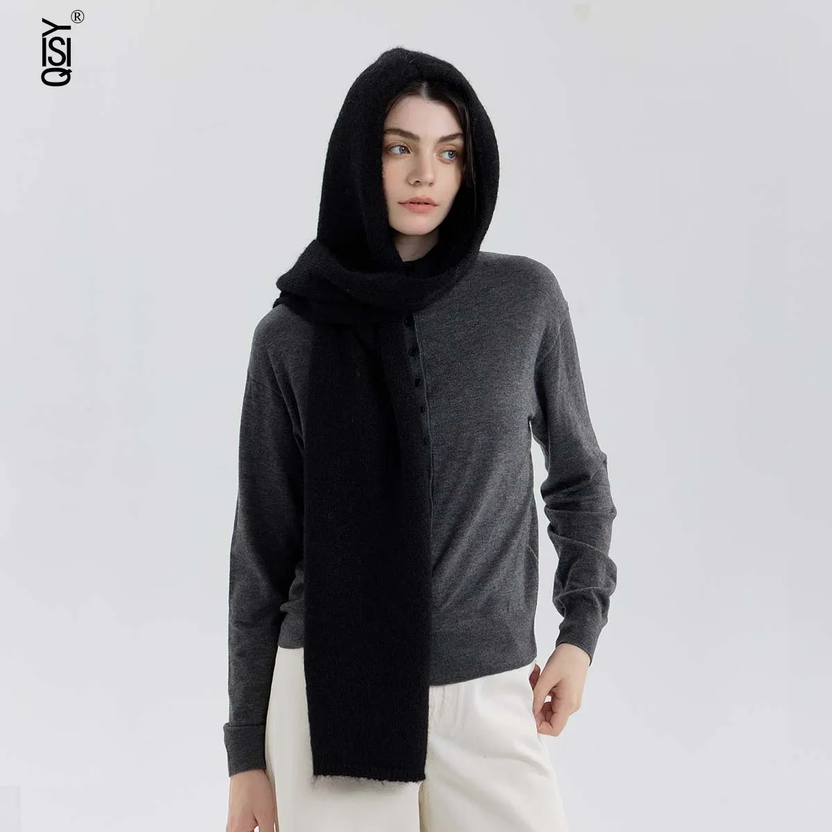 

A New Solid-color Hooded Scarf with A Fashionable Outer Scarf and Knitted Cap for Women To Keep Warm in Winter