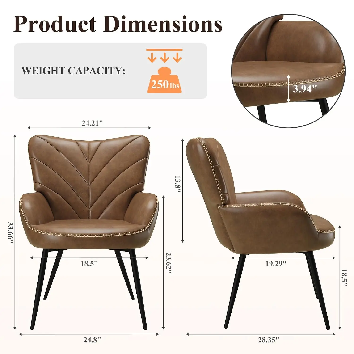 Mid-Century Faux Leather Accent Chair, Upholstered Armchair Curved Back High-Density Cushion & Metal Legs, Customized