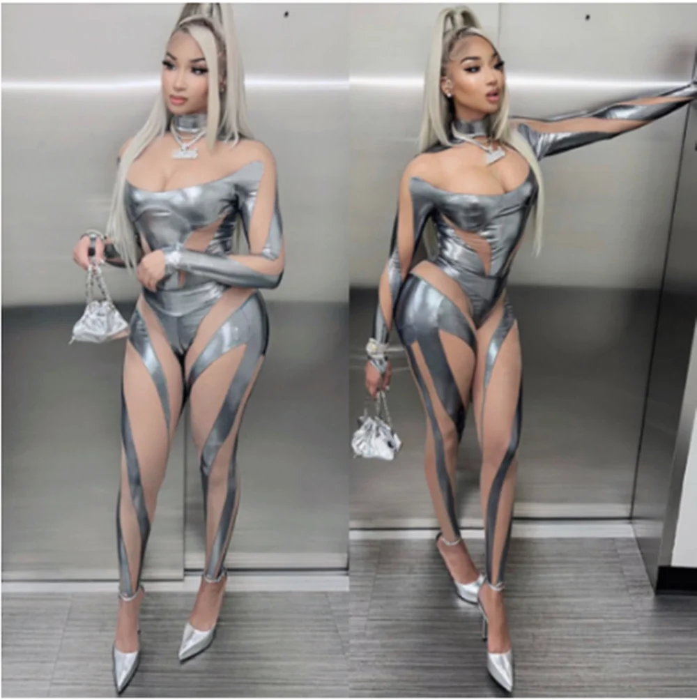 Sexy Mesh Stitching Laser Bodysuit Pole Dance Costume Singer Dancer Stage Wear Party Rave Outfit Drag Queen Clothes