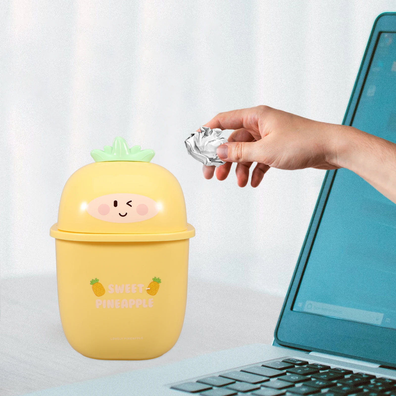 

Indoor Trash Can with Lid Small Desk Garbage Cartoon Desktop Office Rubbish Bin Bedroom