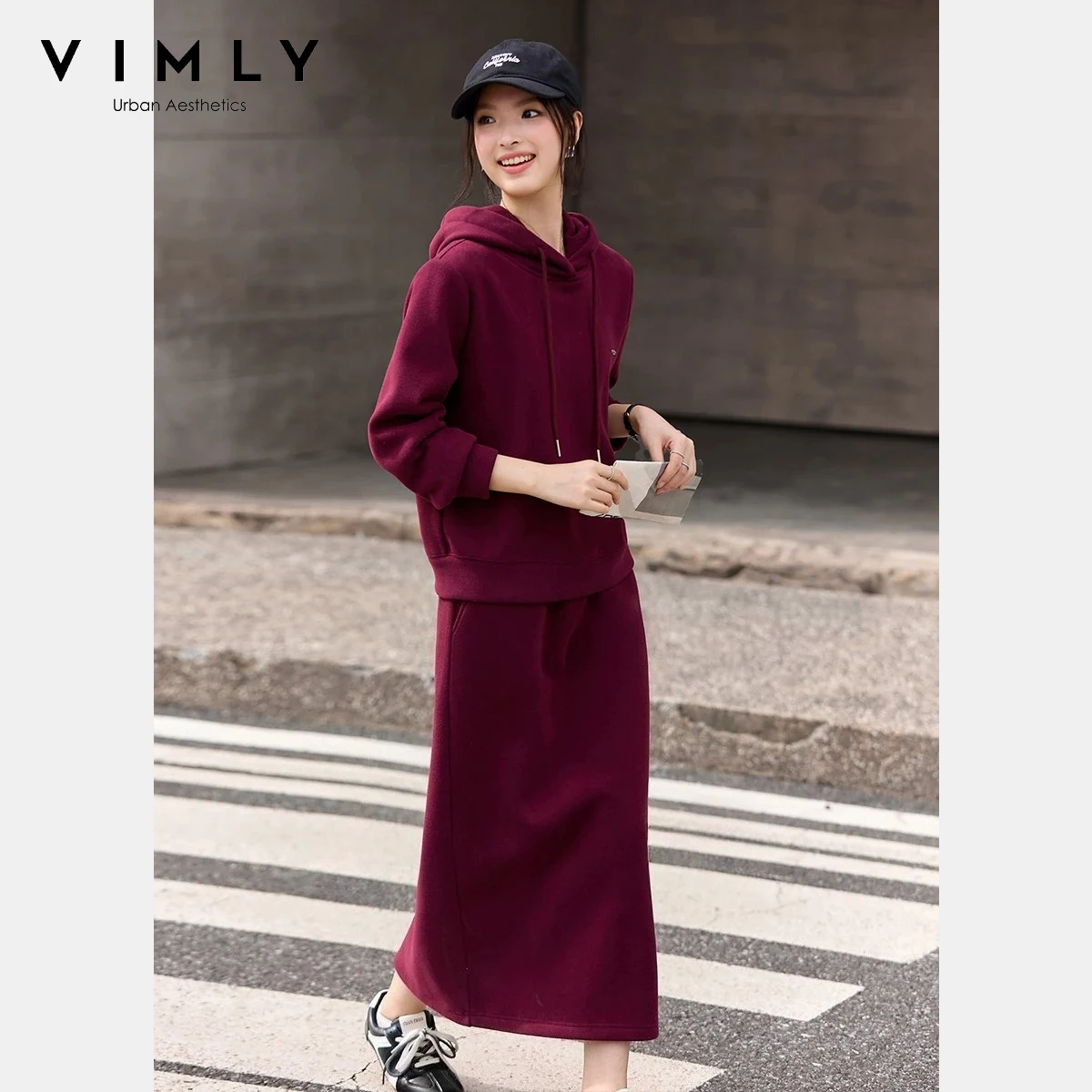 VIMLY Women's Two-Piece Set Hooded Solid Top & A-Line Elastic Waist Back Slit Skirt Office Lady Lazy Casual Fashion Outfit A3257
