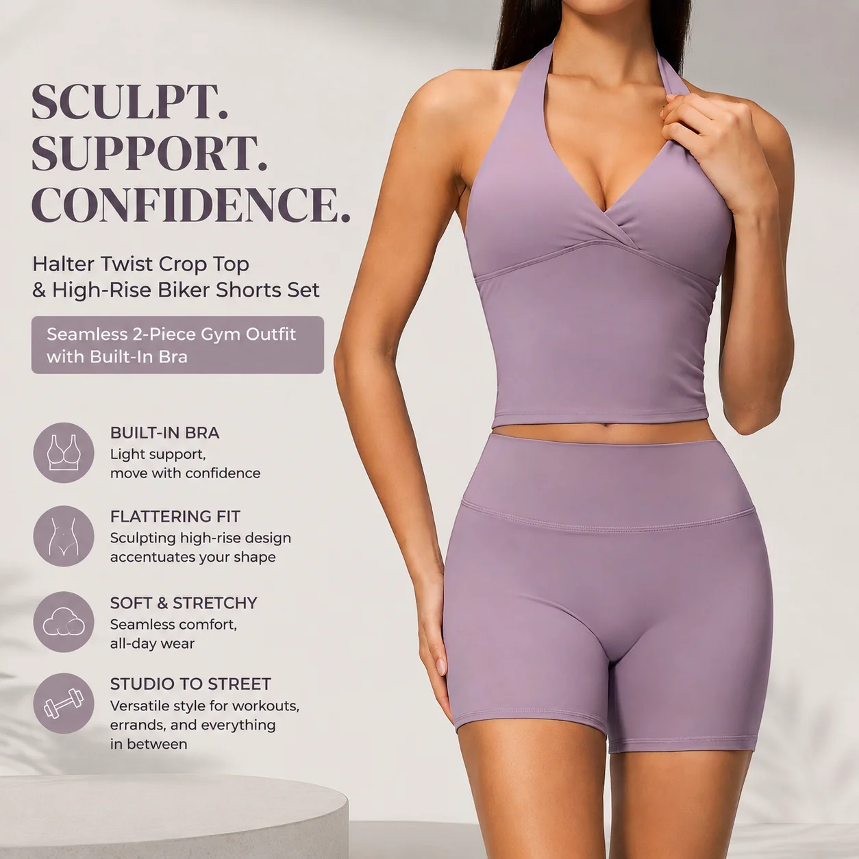 Women's Flattering Halter Twist-Front Longline Crop Top & High-Rise Biker Shorts Set Seamless Sculpting 2-Piece Gym Outfit with