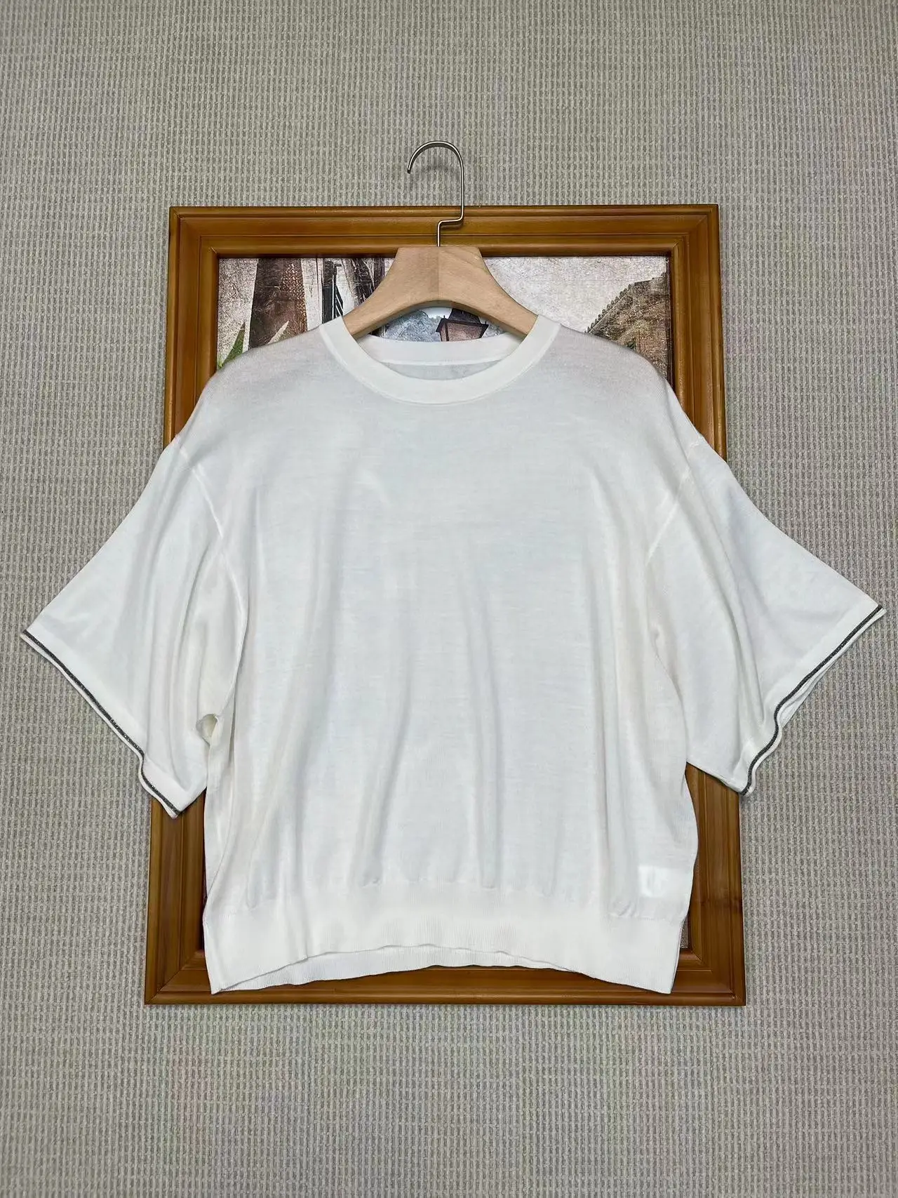 

Summer silk wool knit round neck short sleeve loose knitted blouse