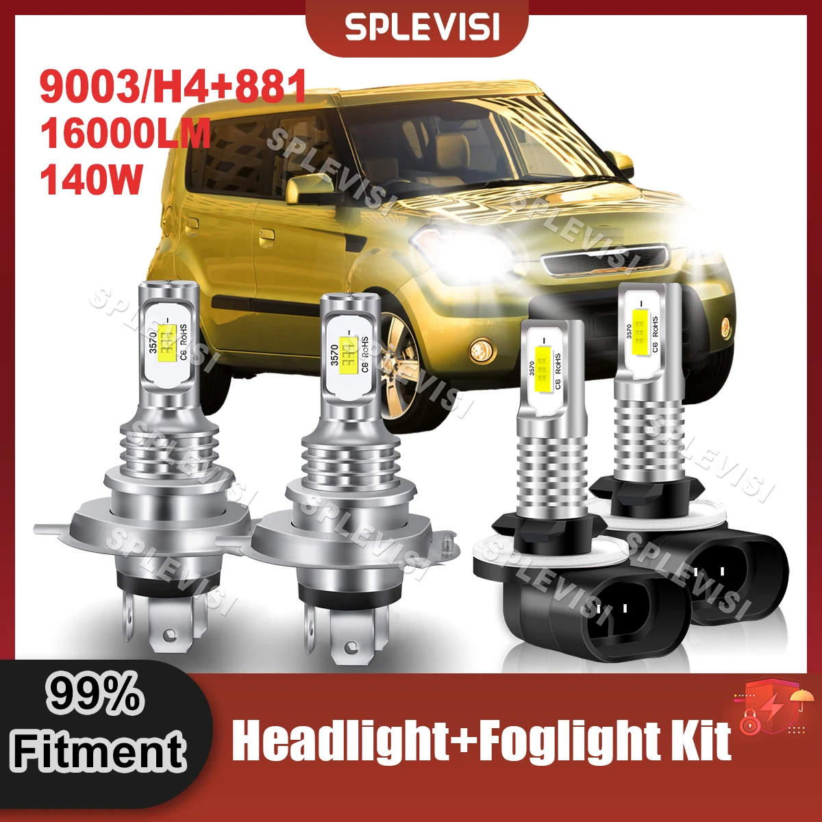 2/4PCS Car LED Headlamp 9003/H4 High Low Beam 881 Foglight Combo 9V-24V HID White For Kia Soul 2010-2011 Replace Auto Lamp Bulbs