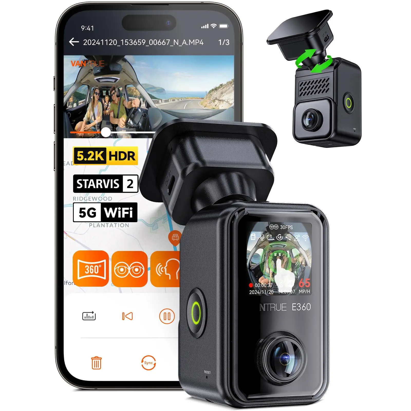 Vantrue E360 5.2K 360° Panoramic Dash Cam, 5GHz WiFi&GPS, Dual STARVIS 2, HDR，Voice Control, Touchscreen