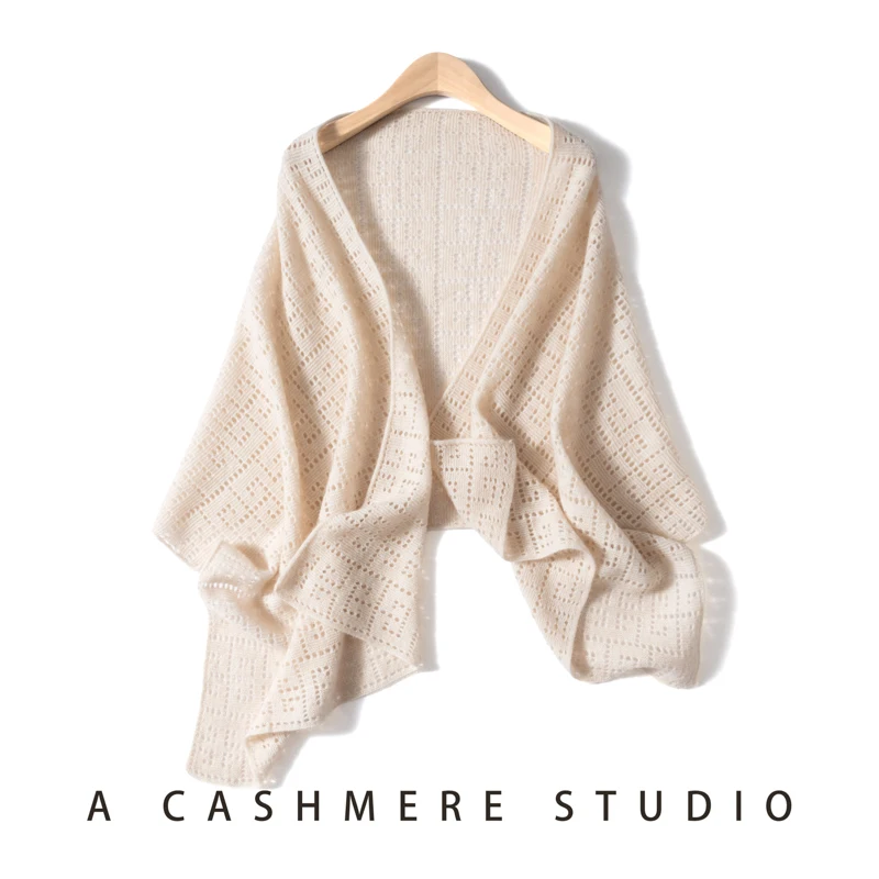 100% Pure Cashmere Knitted Shawl with Hollow Design for Women Thin Large Size Autumn Winter Scarf Versatile Wrap for Ladies