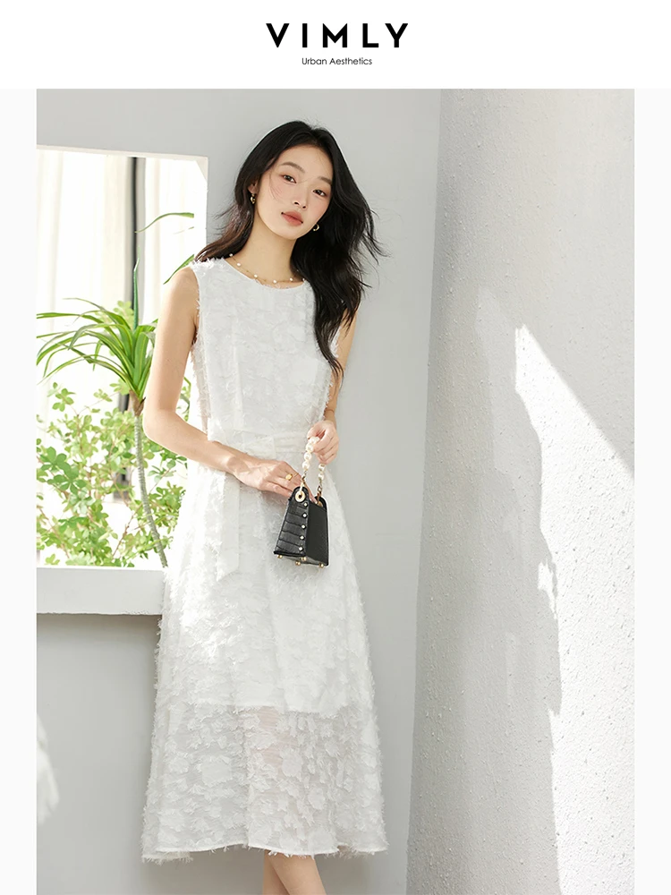 

VIMLY White Long Dress Flower-cut Sleeveless 2025 Summer Women's Elegant Vacation Dresses Crew Neck Wide Straps Dresses A2002