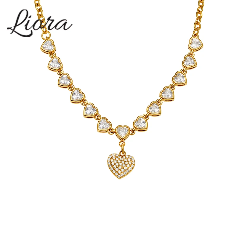 

Liora Luxury Cubic Zirconia Heart Charm Necklaces for Women Stainless Steel Chain Collar Neck Choker Banquet Wedding Jewelry