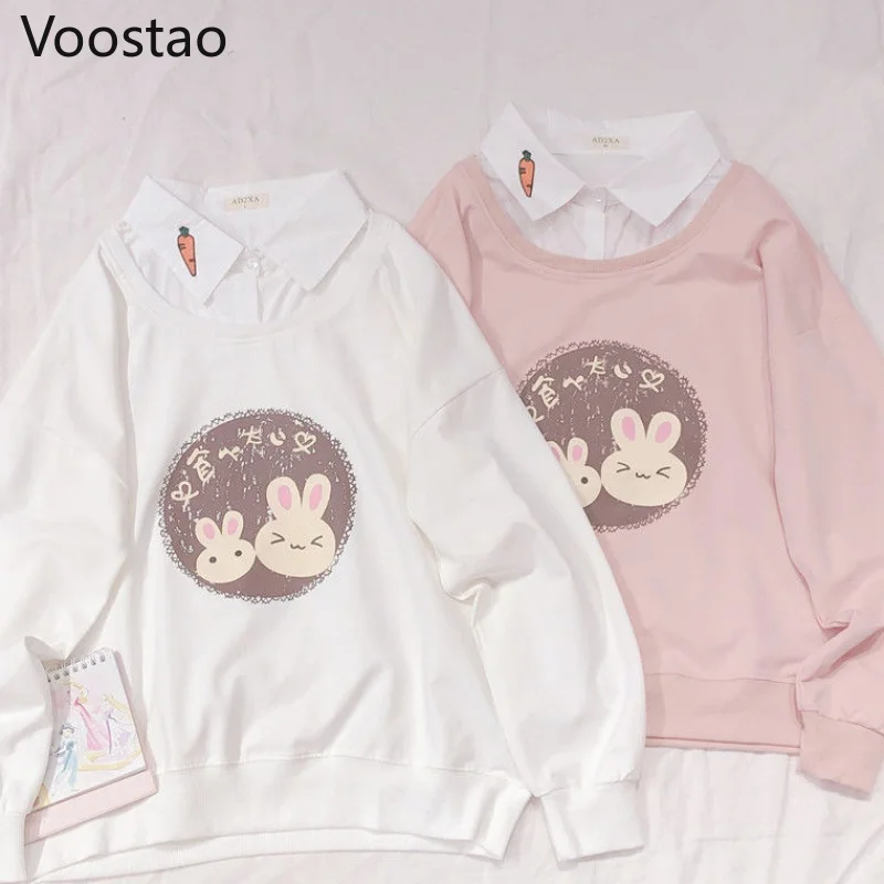 Sweet Loose Lolita Sweatshirt Spring Women Cute Fake Two Pieces Korean Cartoon Rabbit Print Hoodies Girly Autumn Pullover Tops