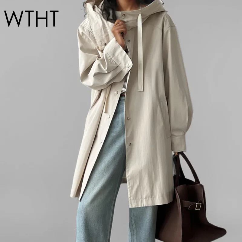 WTHT 2025 Spring Fashion Women's Drawstring Design Hooded Casual Trench Coat Long Sleeves Loose Windbreak Female 1LS800