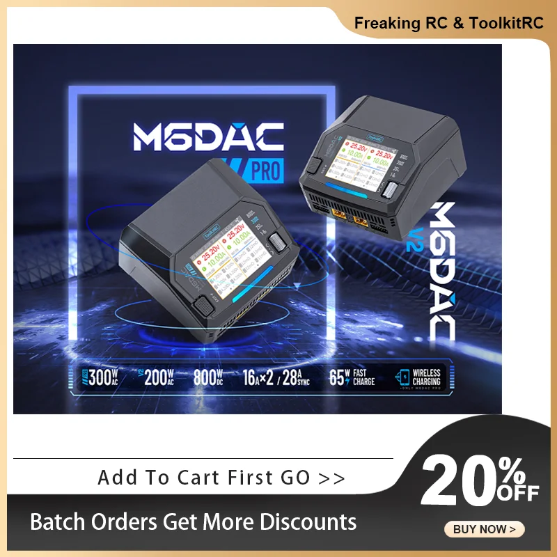 ToolkitRC M6DAC V2 M6DAC Pro Dual Channel Smart Lipo Battery Charger Discharger AC 200W/300W DC 800WX2 28A for 1-6S LiHV PD 65W