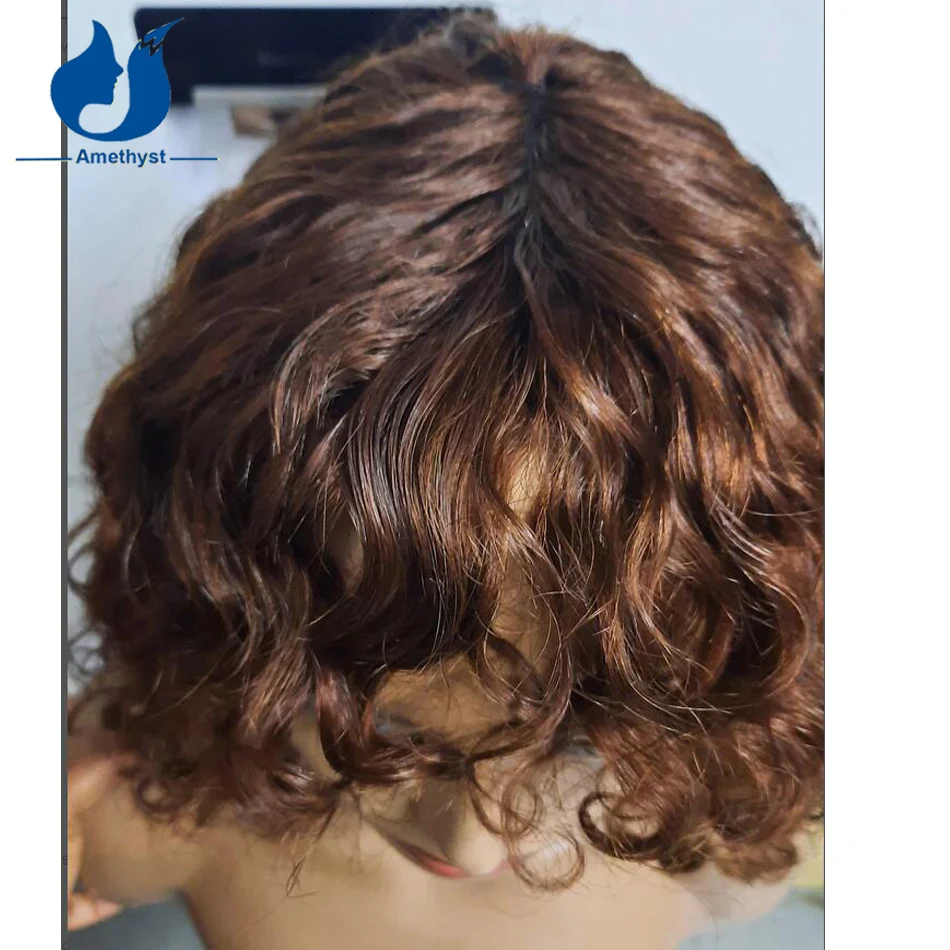 جمشت مجعد بوب شعر مستعار الإنسان مع الانفجارات البرازيلي ريمي قصيرة فروة الرأس كامل آلة صنع شعر مستعار بوب قطع اللون البني للنساء