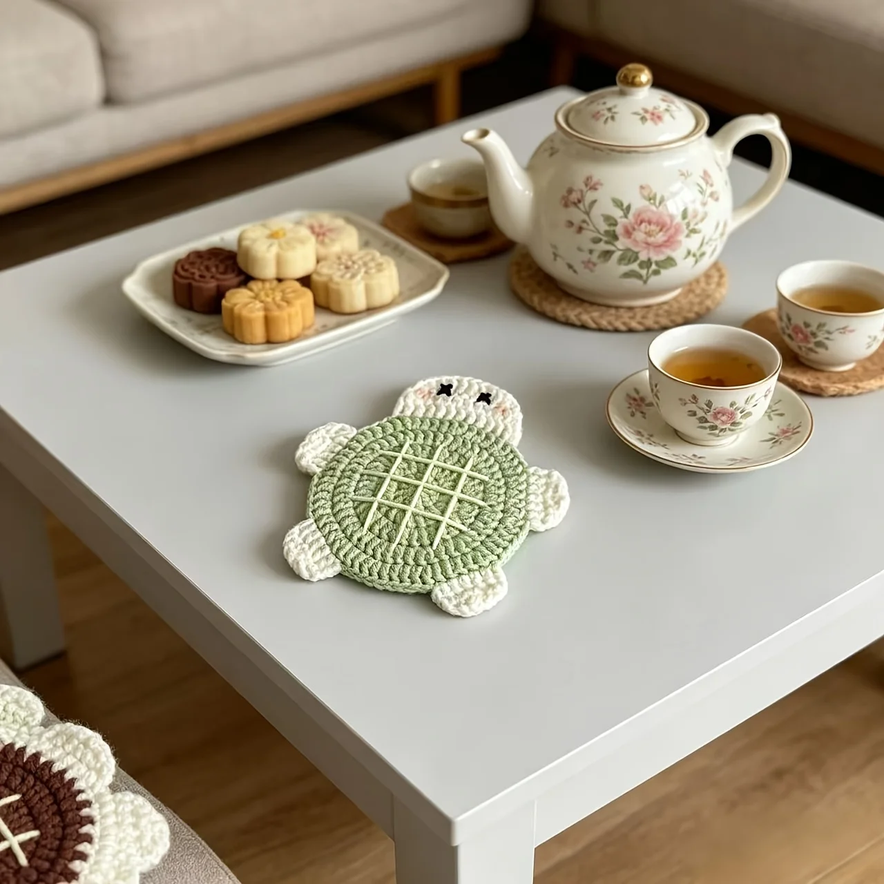 Cute Hand-Crocheted Turtle Coaster, Heat Resistant Handmade Cup Mat, Table Decor & Gift for Hot Mugs