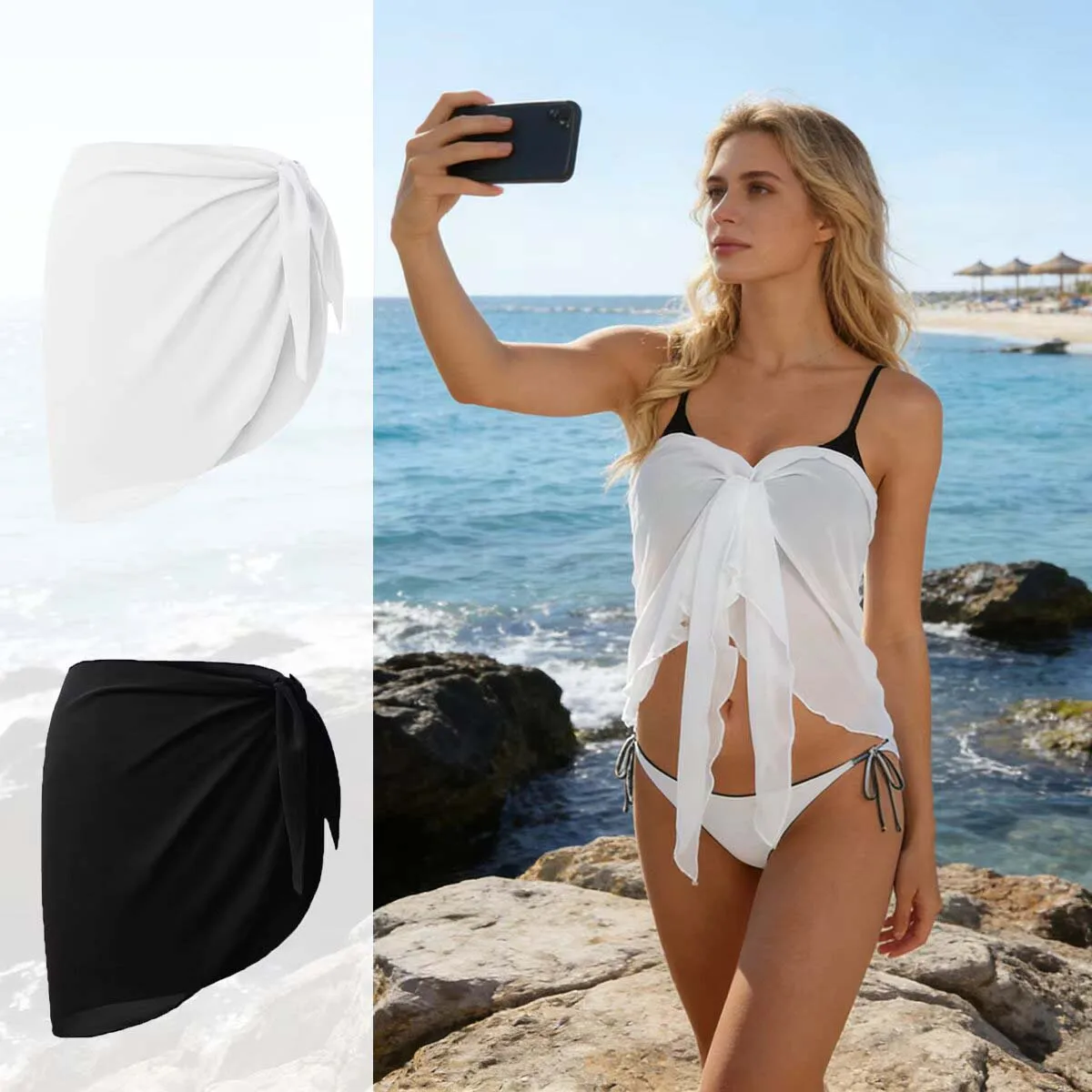 

Summer Women Short Solid Sarong Swimsuit Coverups Beach Bikini Wrap Sheer Short Skirt Chiffon Skirt Scarf Swimwear Cover-ups