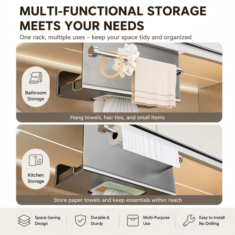 Under Cabinet Kitchen Paper Towel Rack, Wet Wipe Storage Holder, Hanging Tissue Box and Dishcloth Organizer for Cabinet