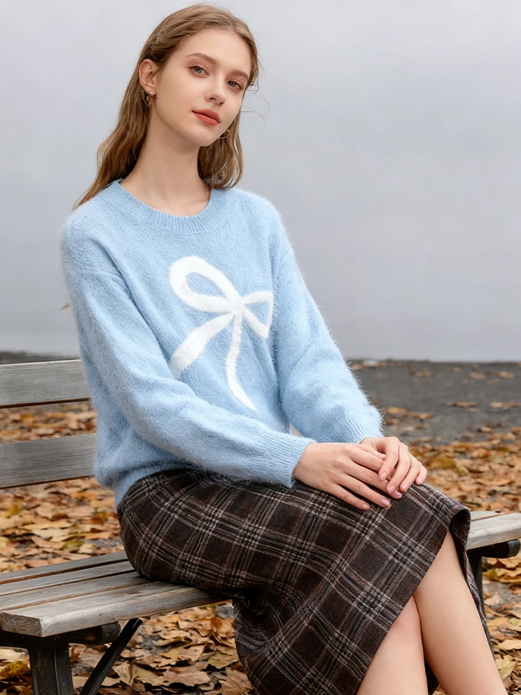 

New Cute Loose Round Neck Blue Soft Pullover White Bow Knitted Long Sleeve Top Korean Women's Sweater Autumn Winter Warm Tops