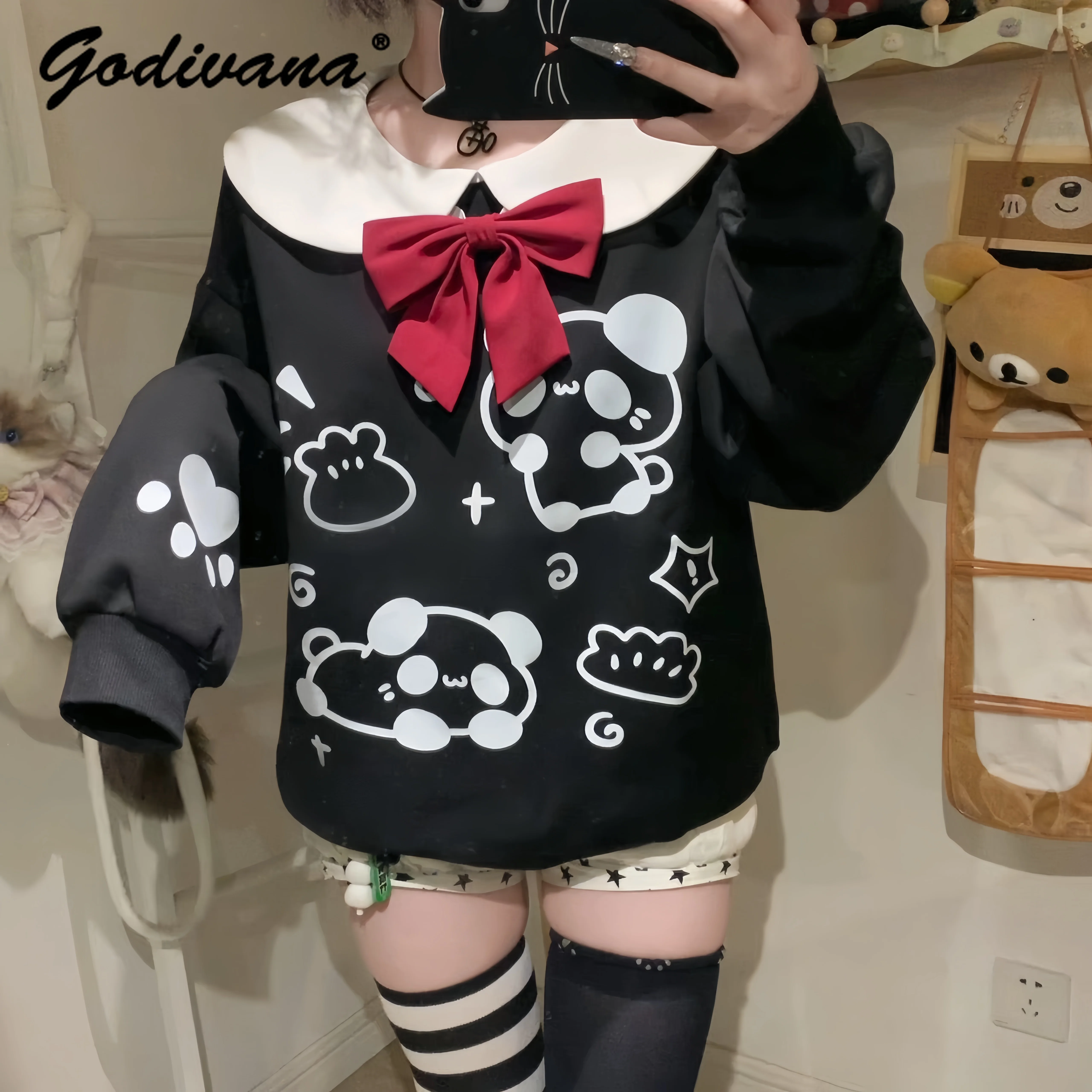 

New Autumn Daughter Clothes Cute Girls Panda Print Doll Collar Loose Long Sleeve Versatile Sweatshirt Female Casual Pullover Top
