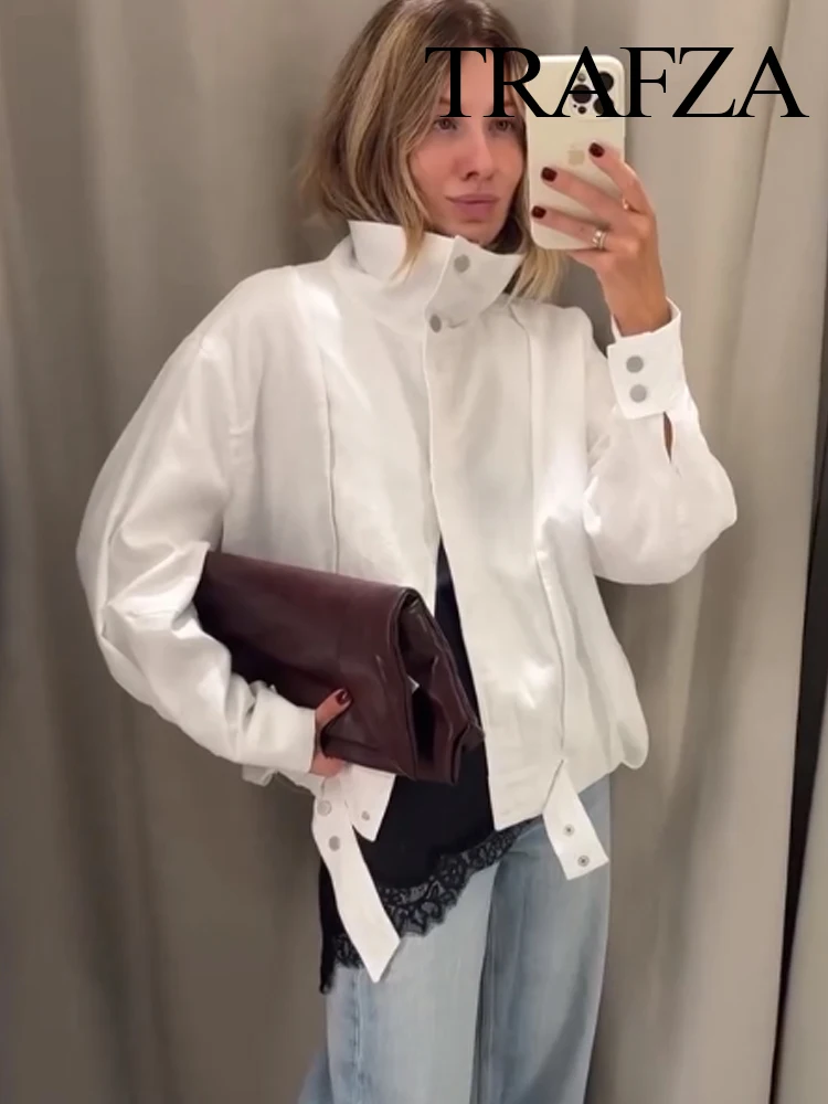 

TRAFZA Women Fashion Casual Long Sleeves Jackets White High Collar Single-Breasted Female Autumn Street Style Short Coats