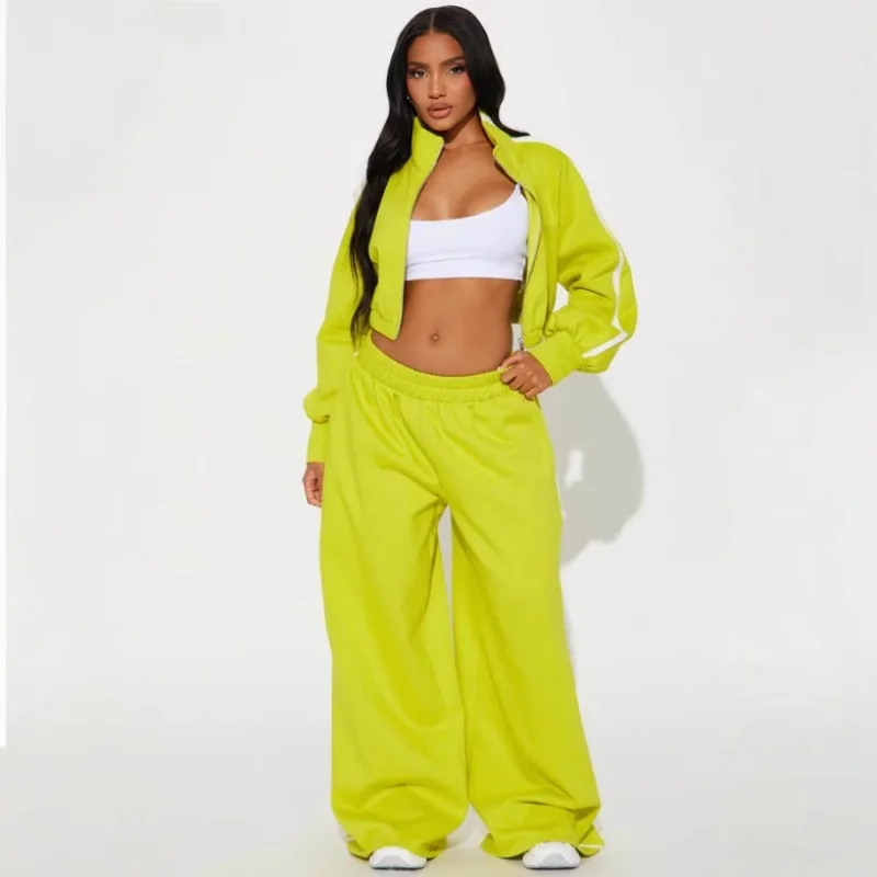 

Женский комплект из 2 предметов для фитнеса, однотонные укороченные куртки на молнии, широкие брюки, новинка 2025, осень-зима, уличная одежда, спортивные спортивные костюмы