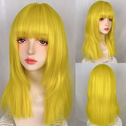 Synthetic Long Straight Yellow Women Wig with Bangs Fluffy Lolita Cosplay Heat Resistant Wig for Daily Party