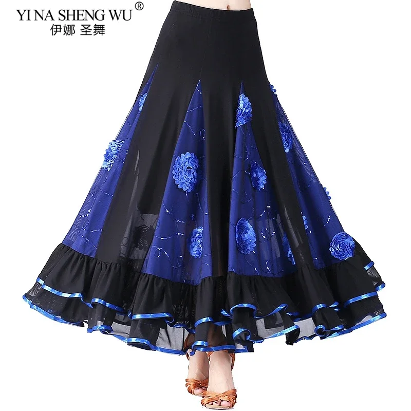Nuevo traje de baile moderno para mujer, falda de baile de salón de vals Flamenco, faldas espanas de columpio grande en capas de competición clásica