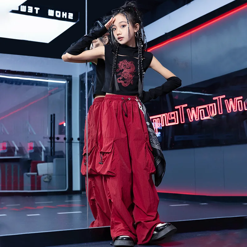 

Kid Kpop Hip Hop Clothing Black Mock Neck Key Hole Crop Top T Shirt Casual Parachute Cargo Pants for Girl Dance Costume Clothes
