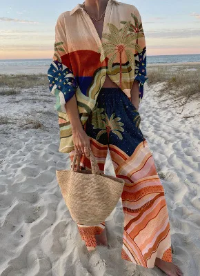 

Casual boho Printed 2 Piece Set Loose Lapel Long Sleeve Button Shirt High Waist Wide Leg Pants Suit Spring New Vacation Style