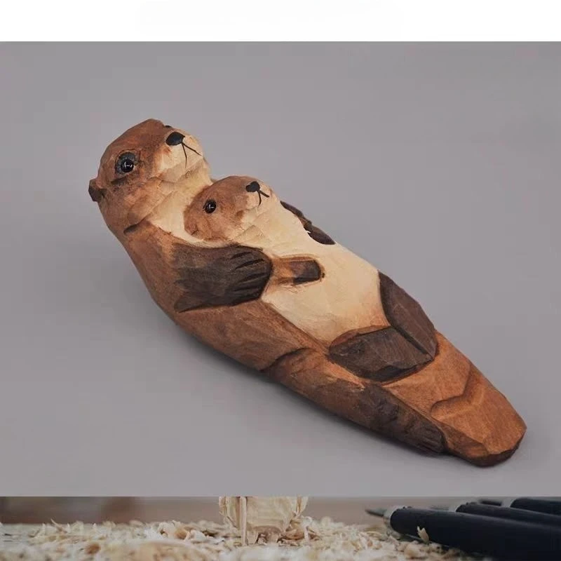 1 PC Hand Carved Basswood Cute Sea Otter Mother And Baby Ornament Marine Animal Solid Wooden Home Decoration Collection Gift