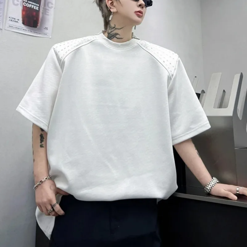 High End Men's Short Sleeve Tee Niche Casual Shoulder Zipper Stitch Detail High End Avant Garde Streetwear White Top 9XJG4K