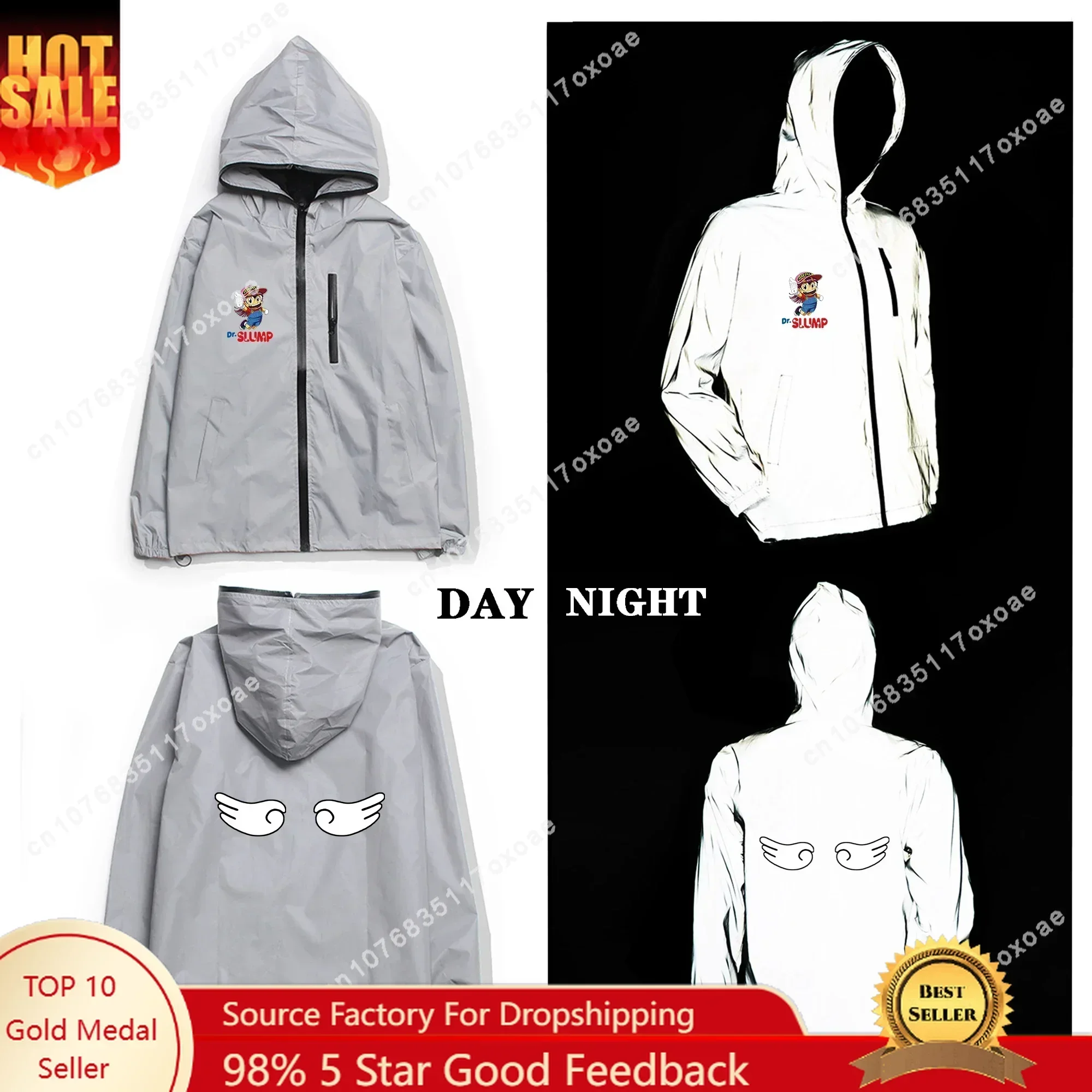 

Arale Dr Slump Reflective Jacket Mens Womens Coat Hooded Windbreaker Pocket Jackets Anime Cartoon Manga Custom Made Hoodie
