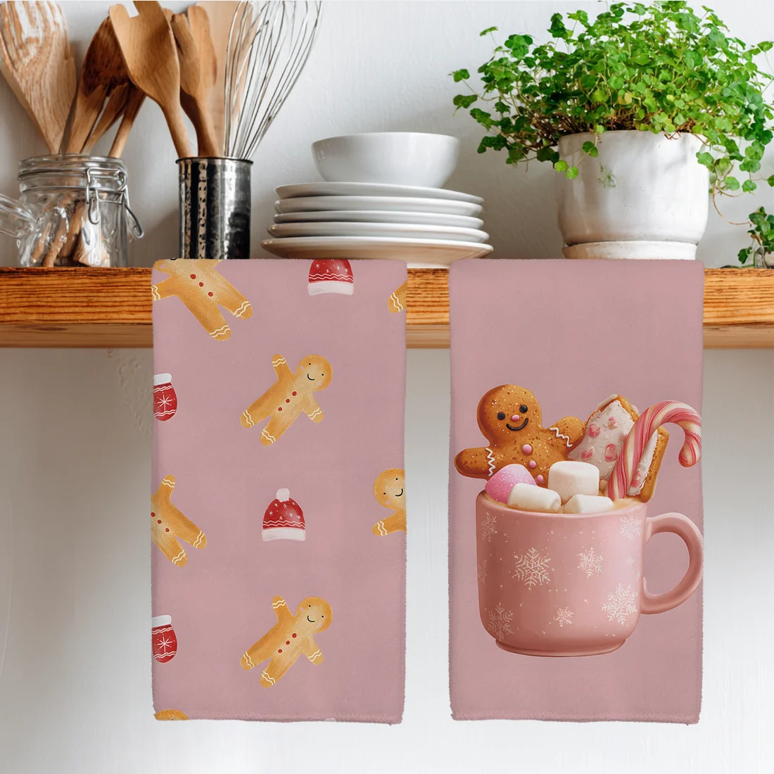 2PCS Gingerbread Man Cup Christmas Kitchen Towels Dish Towel Dish Cloths Holiday Dry Cloth for Kitchen Decoration 40x60cm